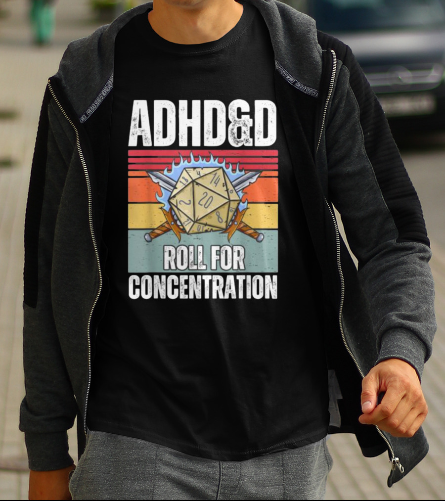 ADHD&D Roll For Concentration Retro Dice Sword Gamer T-Shirt