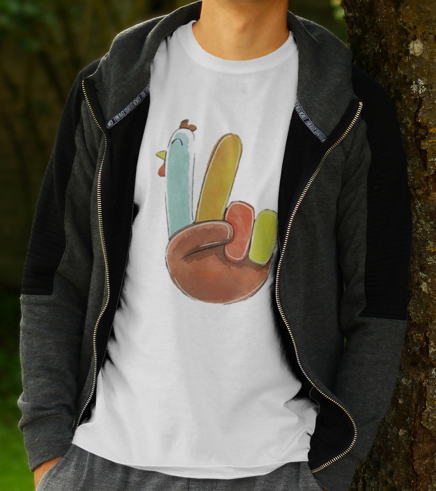 Thanksgiving Hand Gesture Cute Turkey Peace Sign Holiday Fun T-Shirt