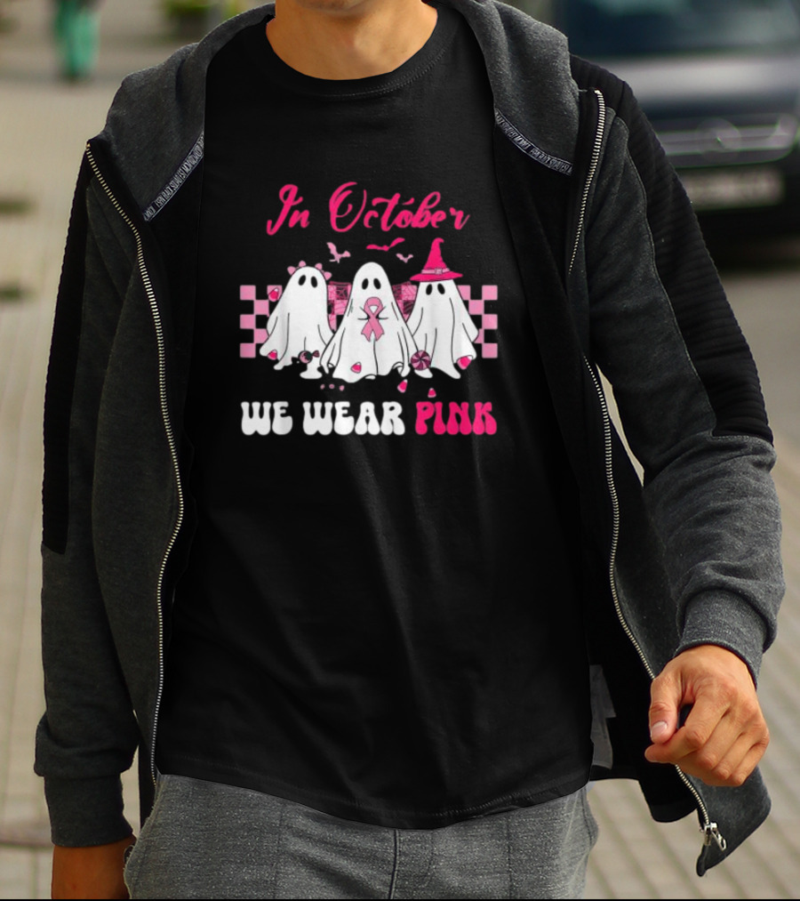 In October We Wear Pink Breast Cancer Ghost Halloween Groovy T-Shirt