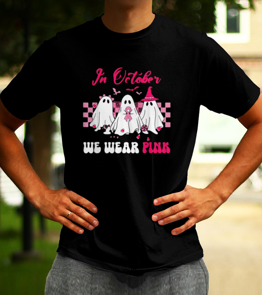 In October We Wear Pink Breast Cancer Ghost Halloween Groovy T-Shirt