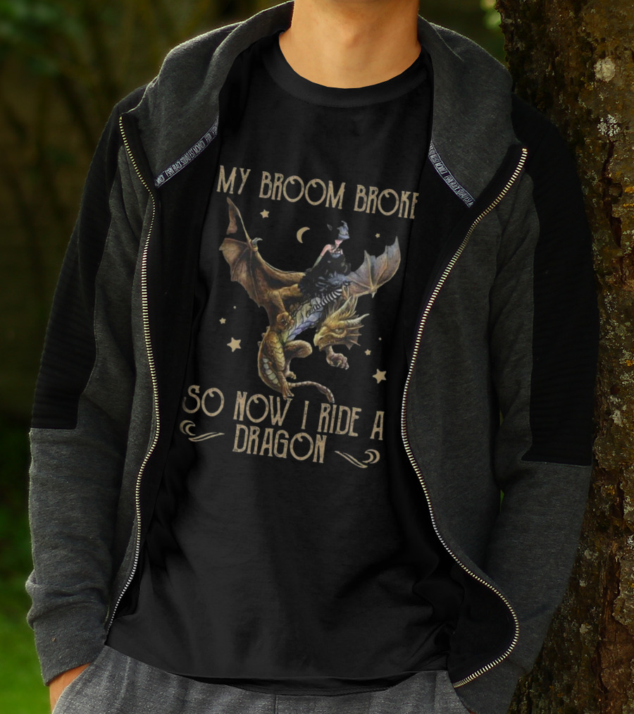 My Broom Broke So Now I Ride A Dragon Witch Riding A Dragon Under The Moon And Stars T-Shirt