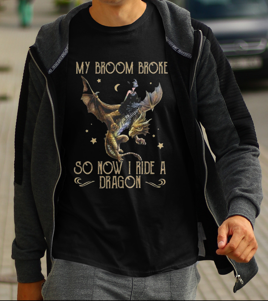 My Broom Broke So Now I Ride A Dragon Witch Riding A Dragon Under The Moon And Stars T-Shirt