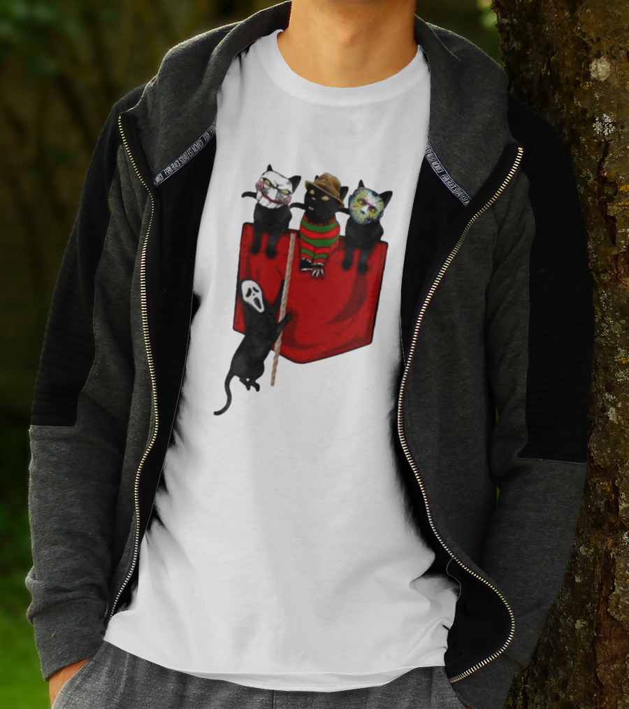 Cat Cosplay Horror Movie Characters Trick Or Treat Freddy Krueger Jason Voorhees Scream Happy Halloween T-Shirt