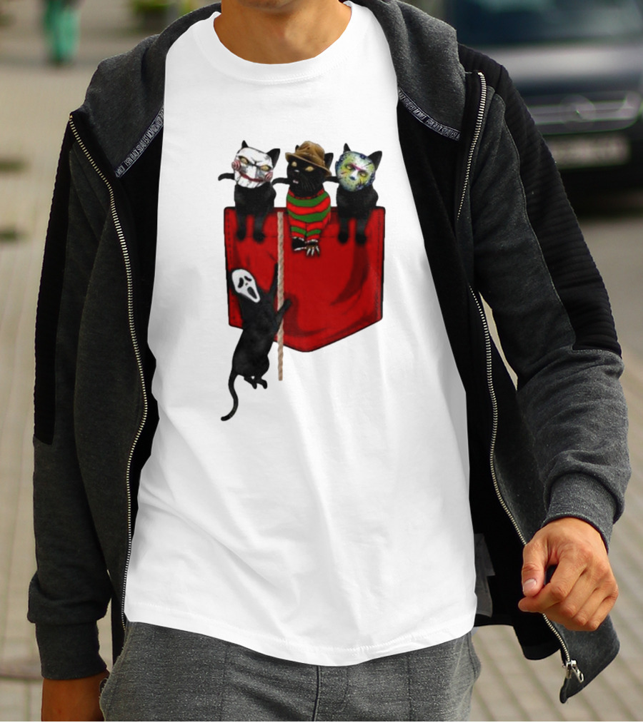 Cat Cosplay Horror Movie Characters Trick Or Treat Freddy Krueger Jason Voorhees Scream Happy Halloween T-Shirt
