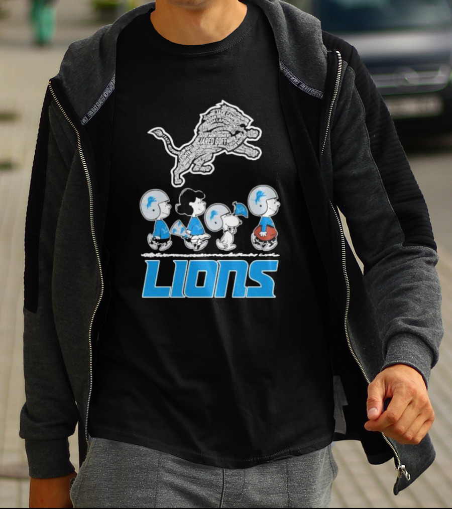Peanuts Characters Walking Detroit Lions Jared Goff T-Shirt