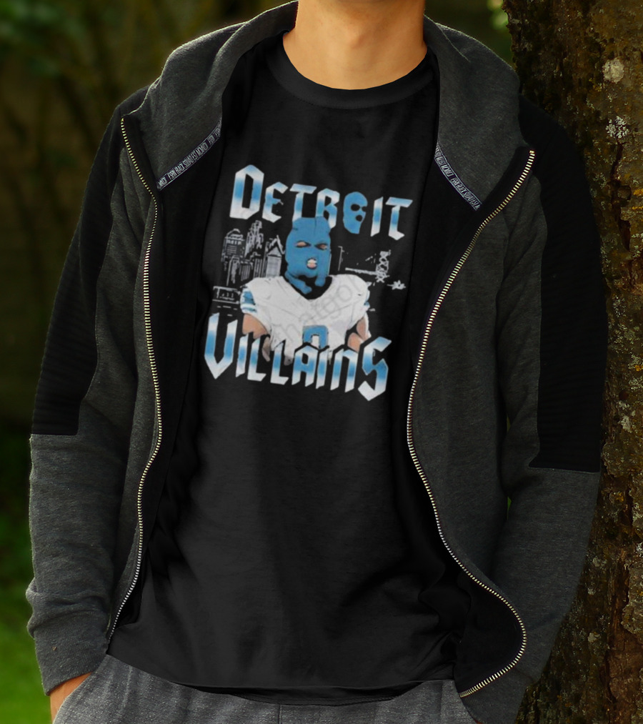 Detroit Villains Football Blue Masked Player Featuring City Skyline T-Shirt