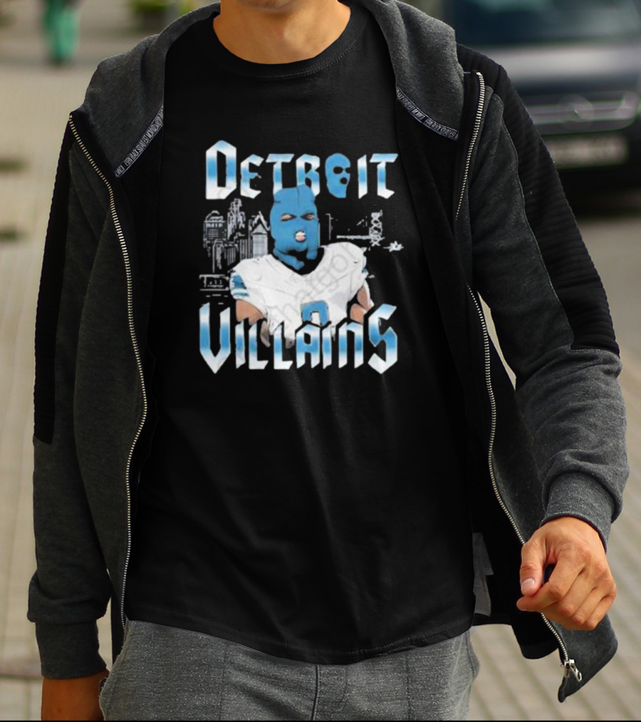 Detroit Villains Football Blue Masked Player Featuring City Skyline T-Shirt