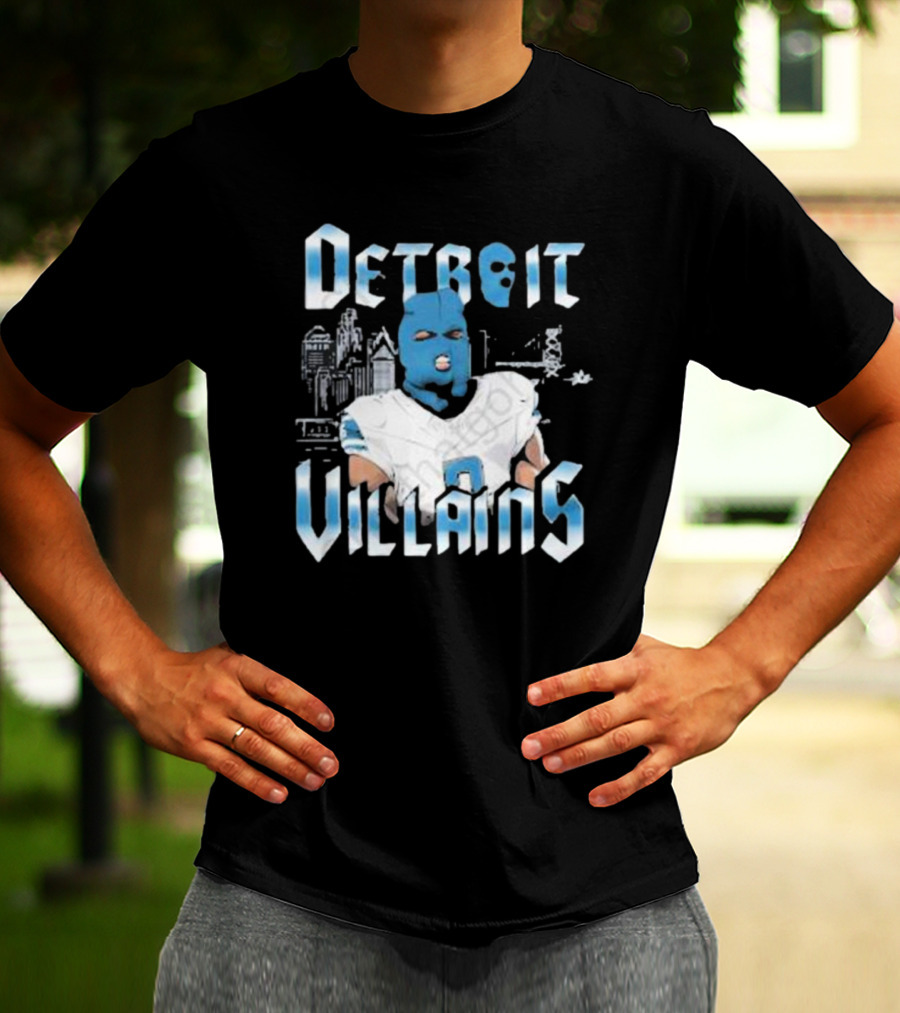 Detroit Villains Football Blue Masked Player Featuring City Skyline T-Shirt