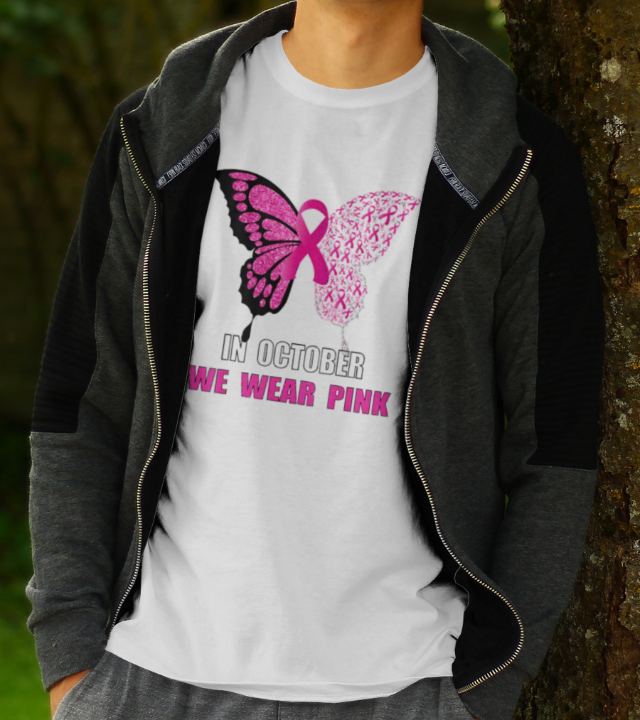 In October We Wear Pink Butterfly Ribbon Breast Cancer Awareness T-Shirt