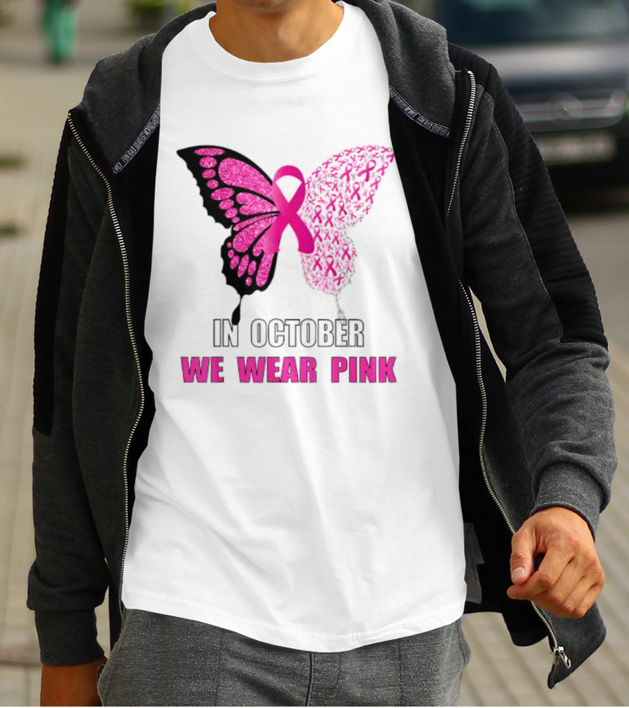In October We Wear Pink Butterfly Ribbon Breast Cancer Awareness T-Shirt