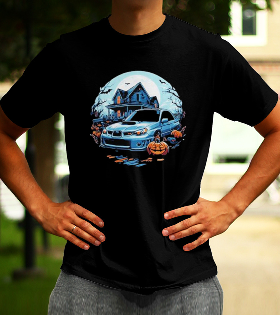 The Car Scene Network Halloween Haunted House With Pumpkins And Bats T-Shirt