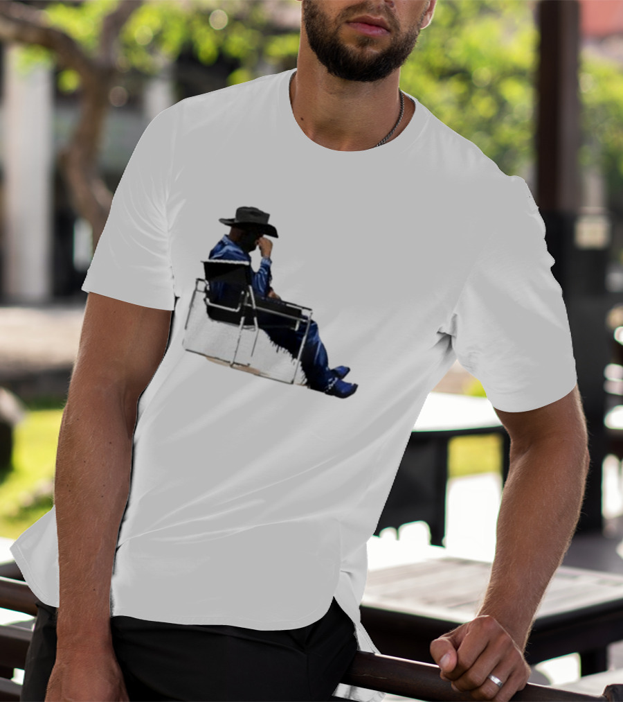 Bad Bunny Sitting Cowboy Chair Black Hat Blue T-Shirt