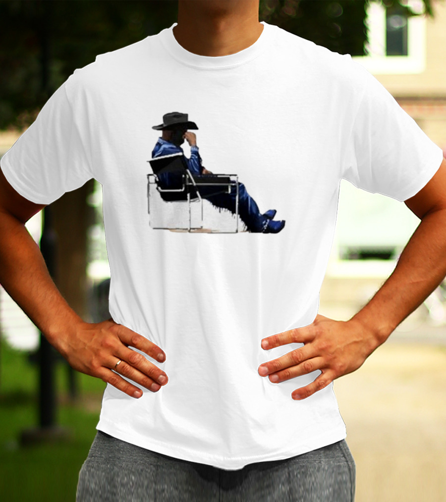 Bad Bunny Sitting Cowboy Chair Black Hat Blue T-Shirt