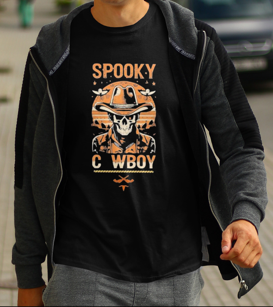 Spooky Cowboy Skeleton Skull In Hat With Sunset Trick Or Treat Halloween T-Shirt