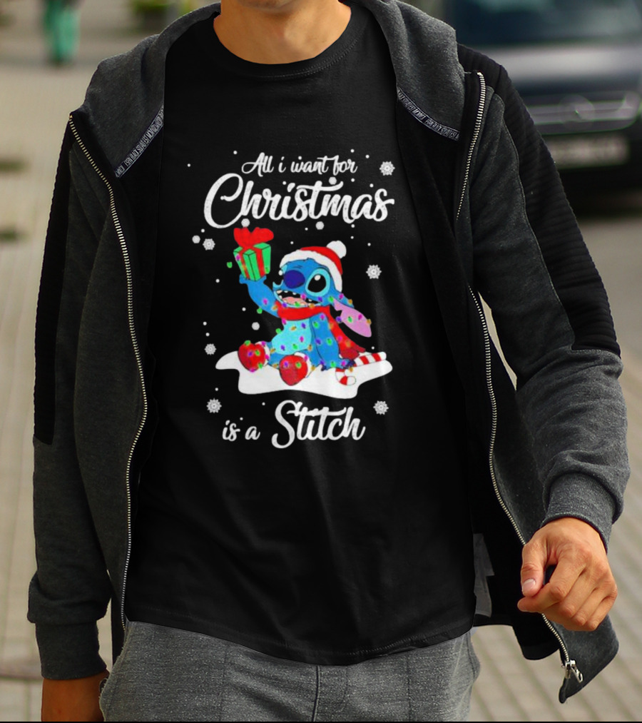 All I Want For Christmas Is A Stitch With Present And Snowflakes T-Shirt