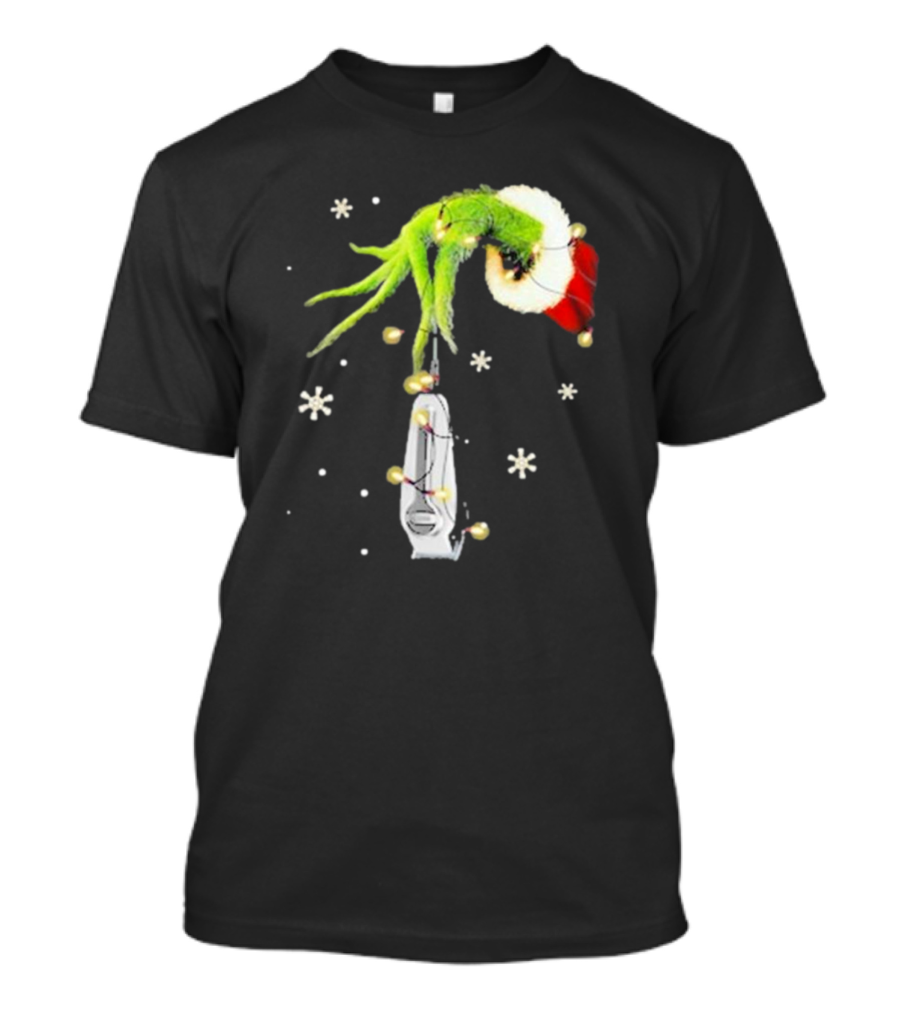 Grinch Christmas Hand Holding Clipper Snowflakes Santa Hat T-Shirt