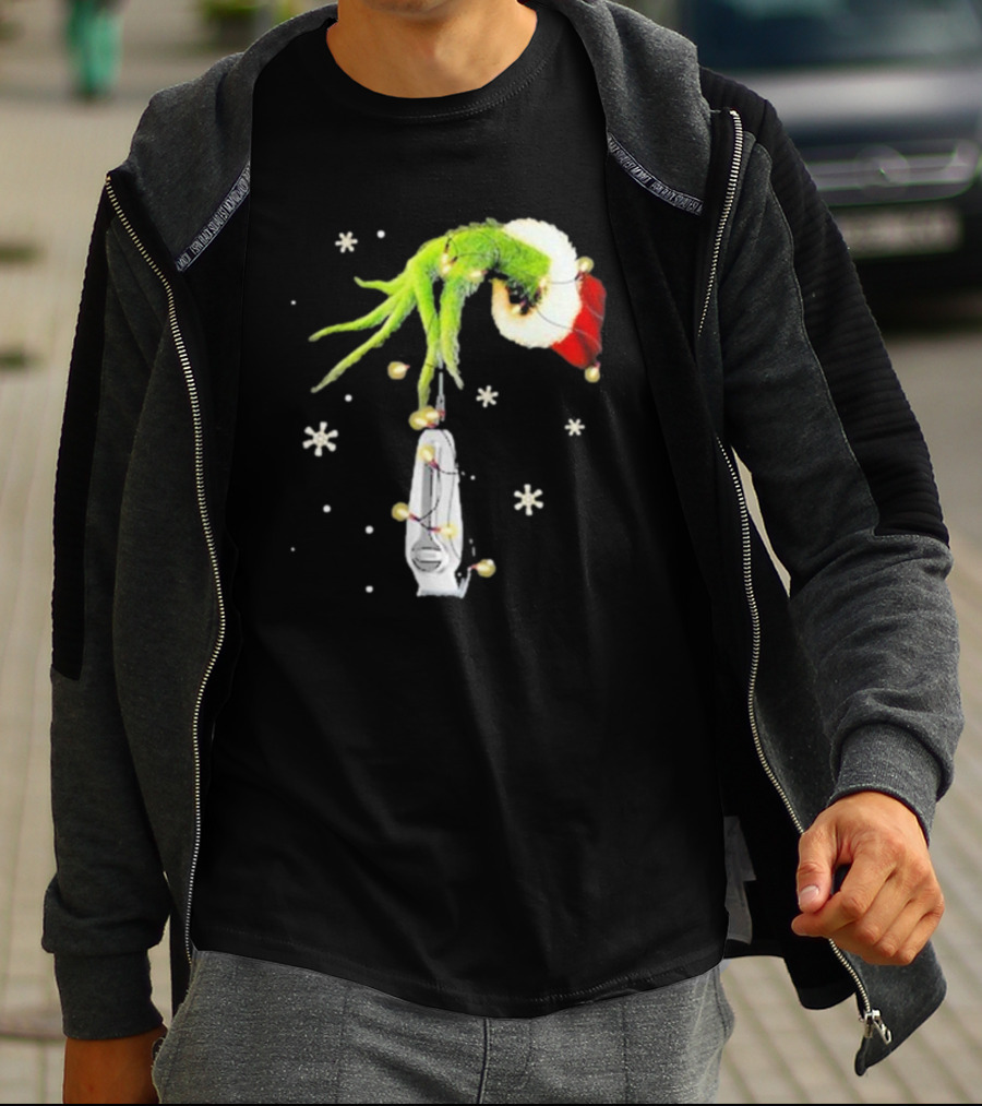 Grinch Christmas Hand Holding Clipper Snowflakes Santa Hat T-Shirt