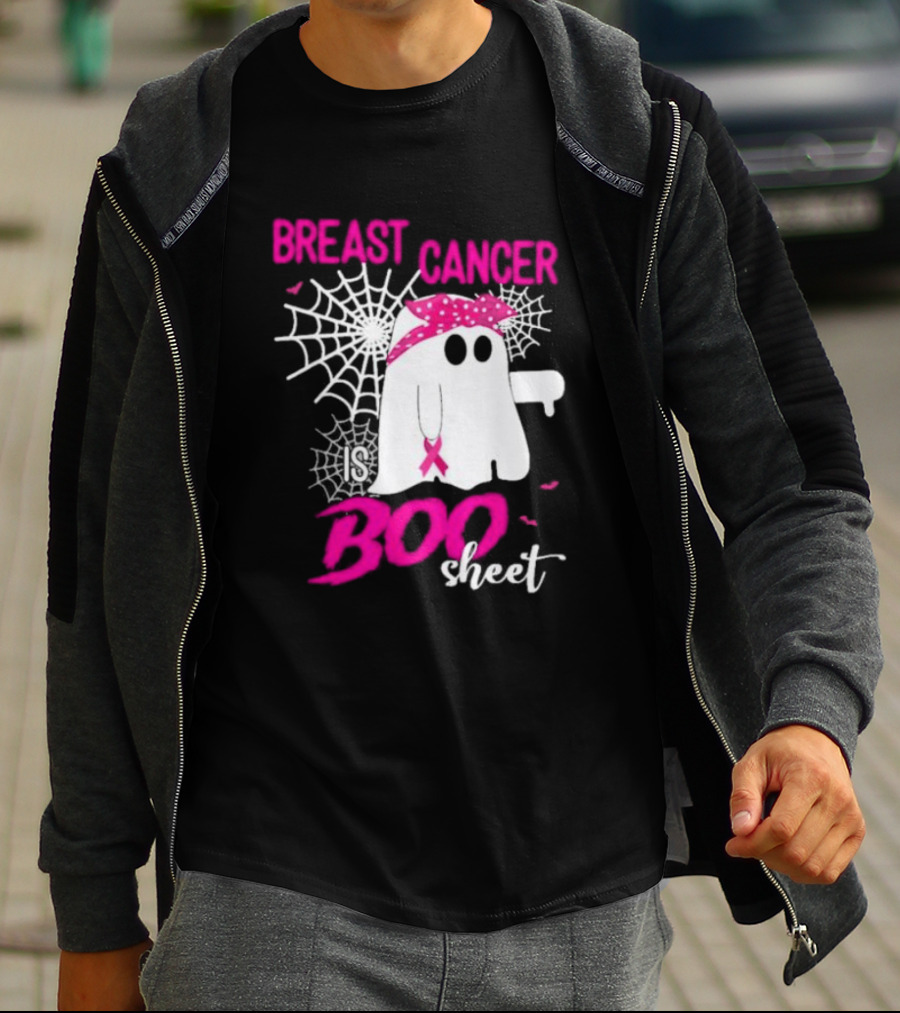 Breast Cancer Is Boo Sheet Halloween Ghost With Pink Ribbon And Spider Webs T-Shirt