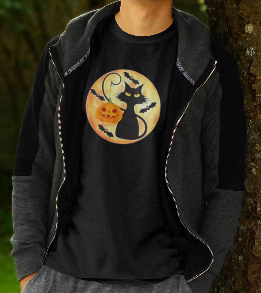 Funny Pumpkin Black Cat Halloween Witch Bat Moon T-Shirt