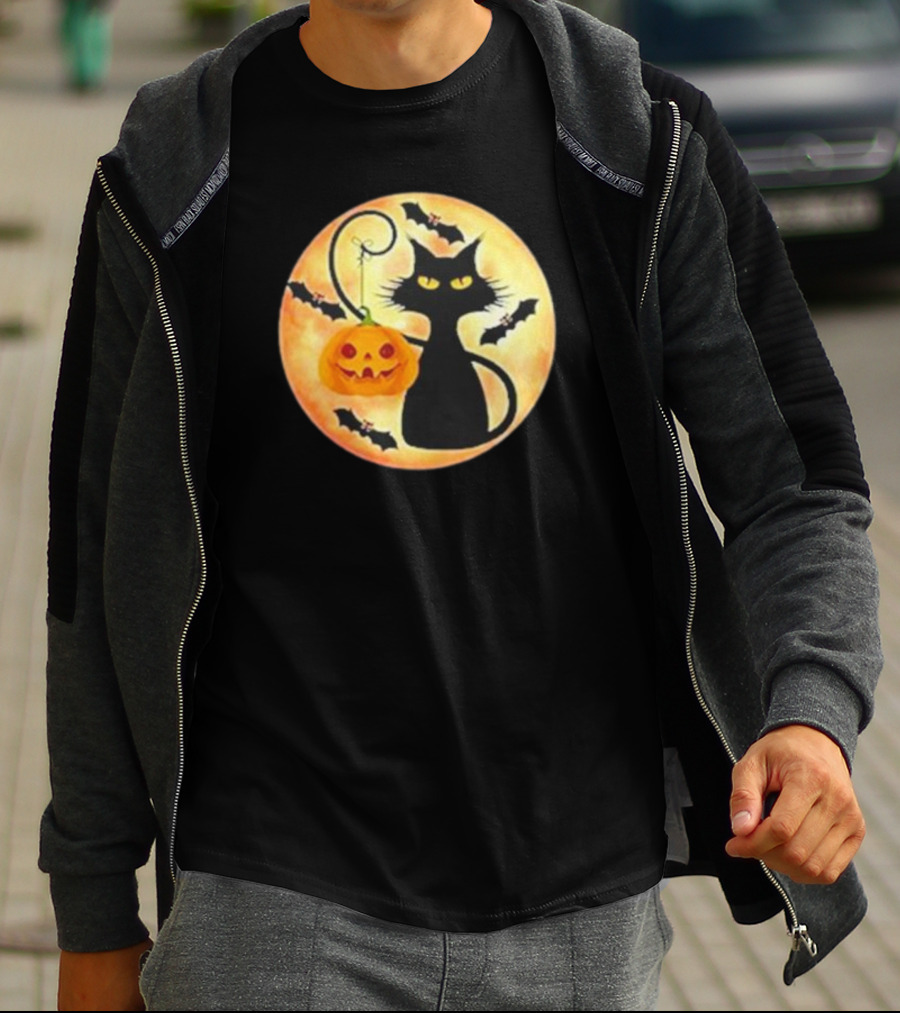 Funny Pumpkin Black Cat Halloween Witch Bat Moon T-Shirt