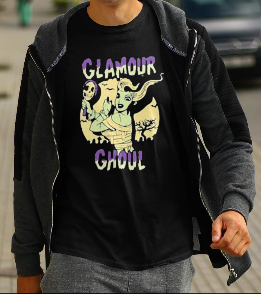 Glamour Ghoul Halloween Monster Retro Skeleton Mirror Bats Trees T-Shirt