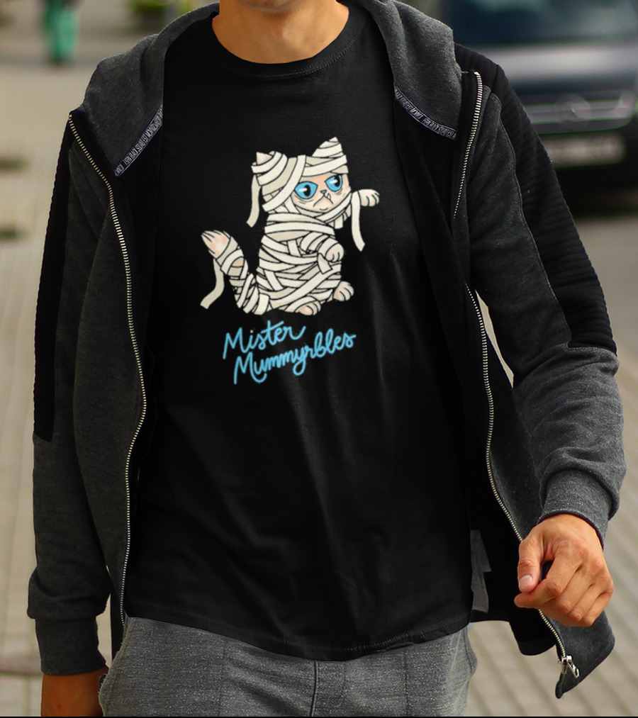 Lilbub Mister Mummyrbles Wrapped Cat With Blue Text T-Shirt