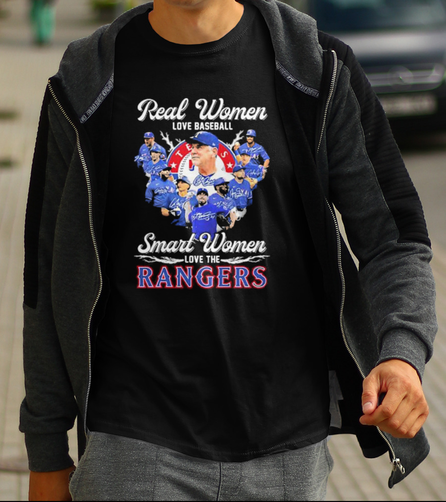 Real Women Love Baseball Smart Women Love The Texas Rangers Team Montage T-Shirt
