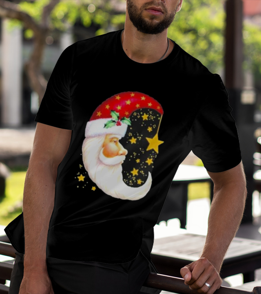 Christmas Santa Crescent Moon Starry Hat Print Crew Neck T-Shirt
