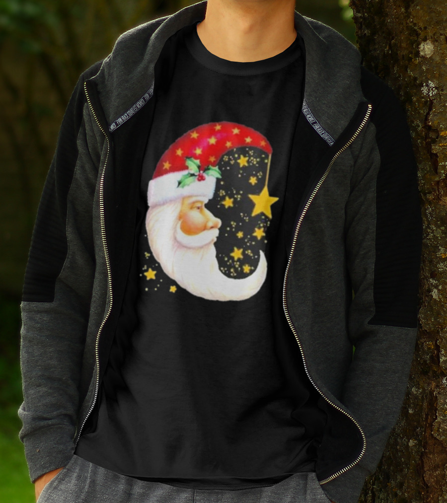 Christmas Santa Crescent Moon Starry Hat Print Crew Neck T-Shirt