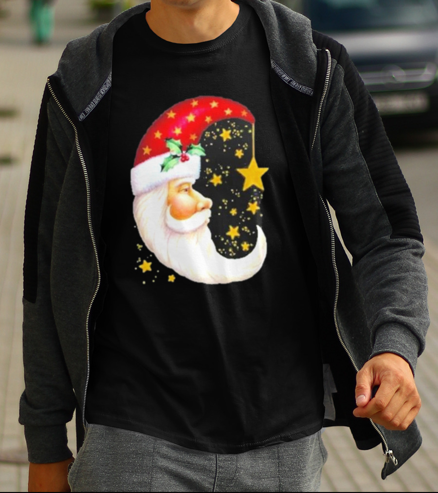 Christmas Santa Crescent Moon Starry Hat Print Crew Neck T-Shirt