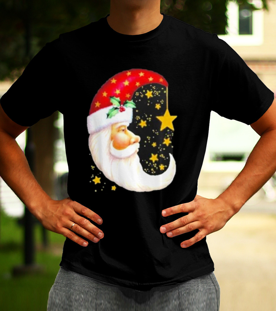 Christmas Santa Crescent Moon Starry Hat Print Crew Neck T-Shirt