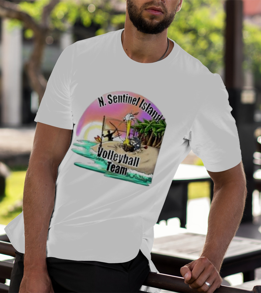 N. Sentinel Island Volleyball Team Sunset Beach Scene With Palms T-Shirt