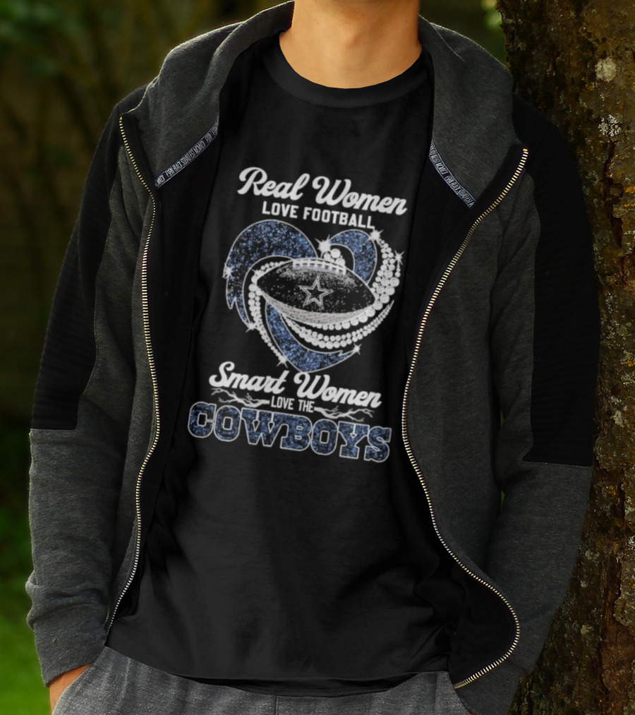 Real Women Love Football Smart Women Love The Cowboys Diamond Heart Football Ball T-Shirt