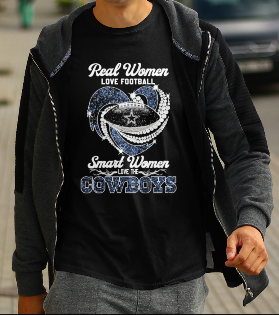 Real Women Love Football Smart Women Love The Cowboys Diamond Heart Football Ball T-Shirt