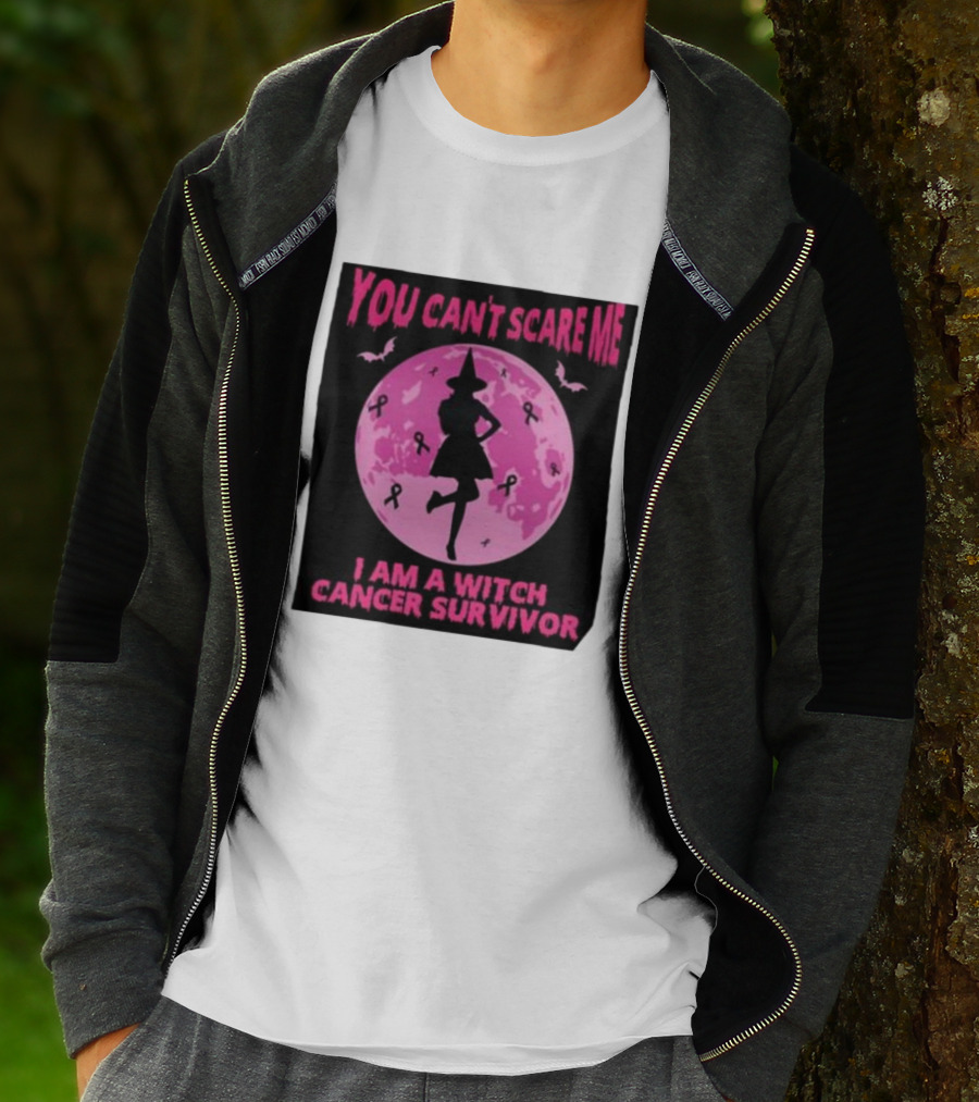You Can’t Scare Me I Am A Witch Cancer Survivor Pink Moon Bats Ribbons T-Shirt