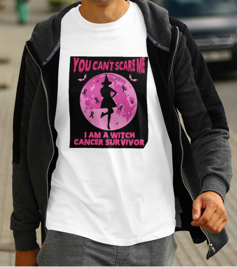 You Can’t Scare Me I Am A Witch Cancer Survivor Pink Moon Bats Ribbons T-Shirt