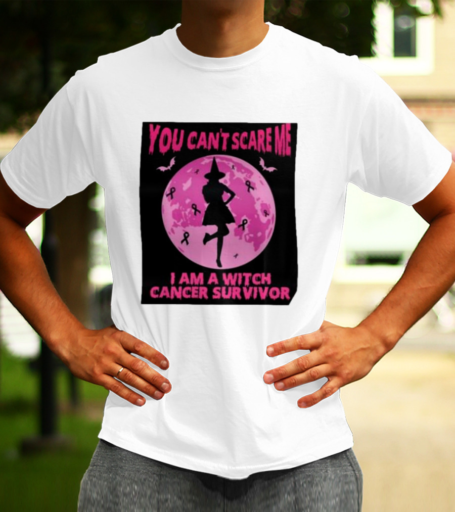 You Can’t Scare Me I Am A Witch Cancer Survivor Pink Moon Bats Ribbons T-Shirt