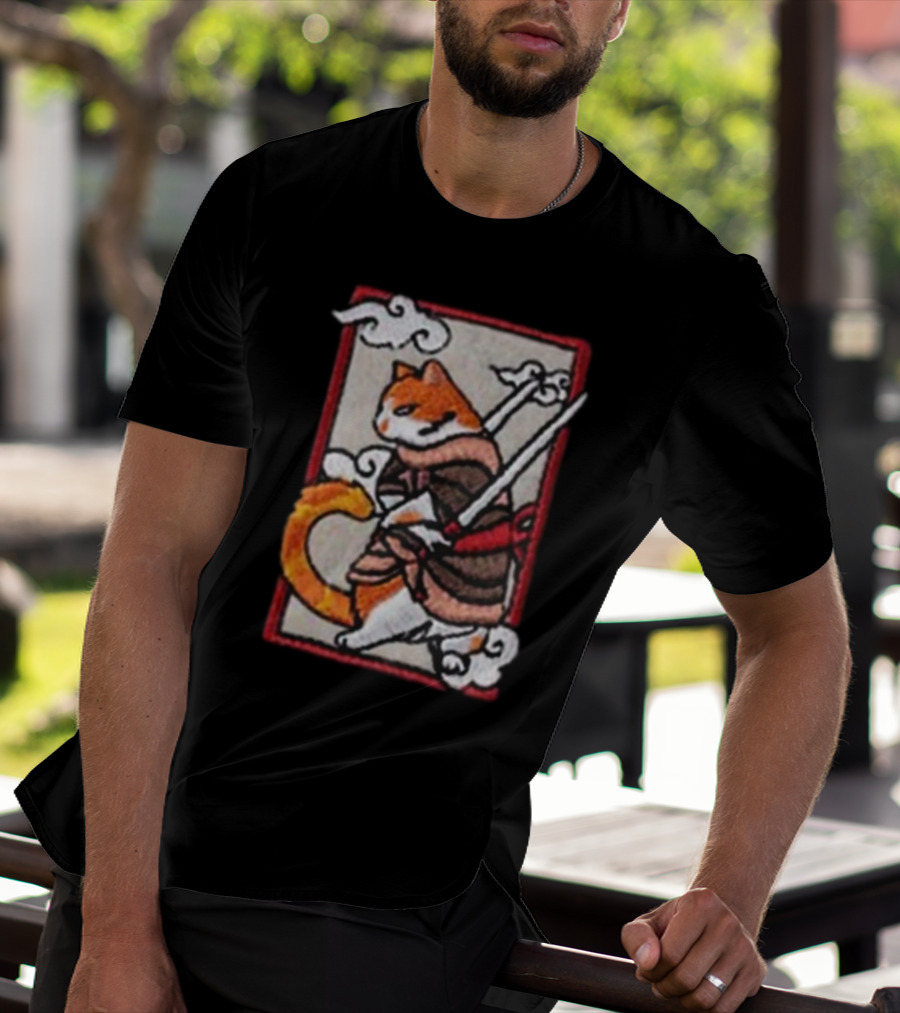 Loky Rain Loky Samurai Cat In Traditional Armor With Swords And Clouds T-Shirt