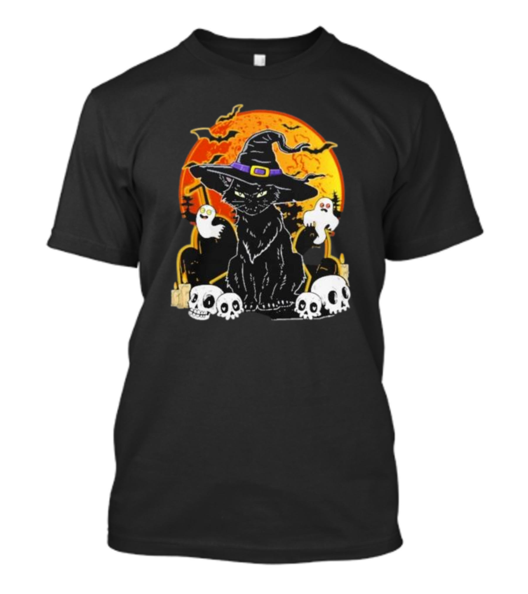 Black Cat Witch Skull Cemetery Blood Moon Halloween Ghosts T-Shirt