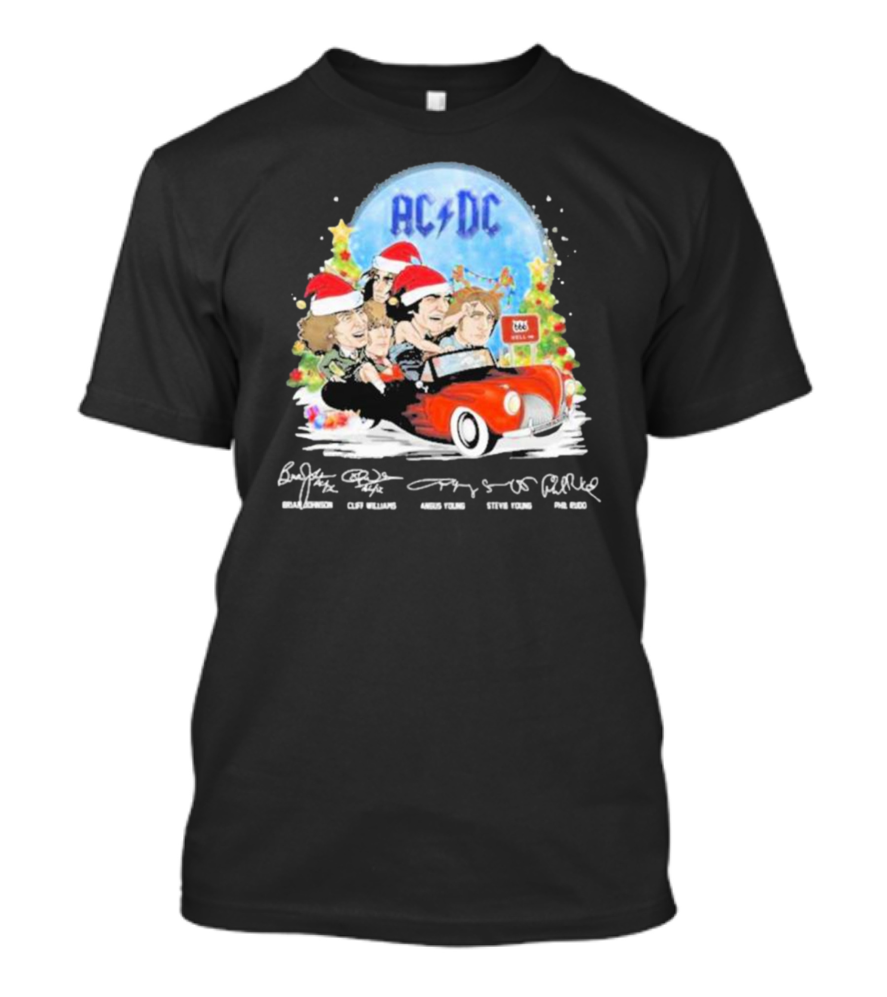 ACDC Band Members In Santa Hats Merry Christmas Signatures On Car With Highway To Hell Sign T-Shirt