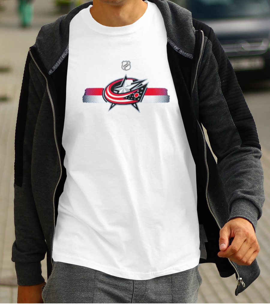 NHL Columbus Blue Jackets Emblem With Red White Blue Stripes T-Shirt