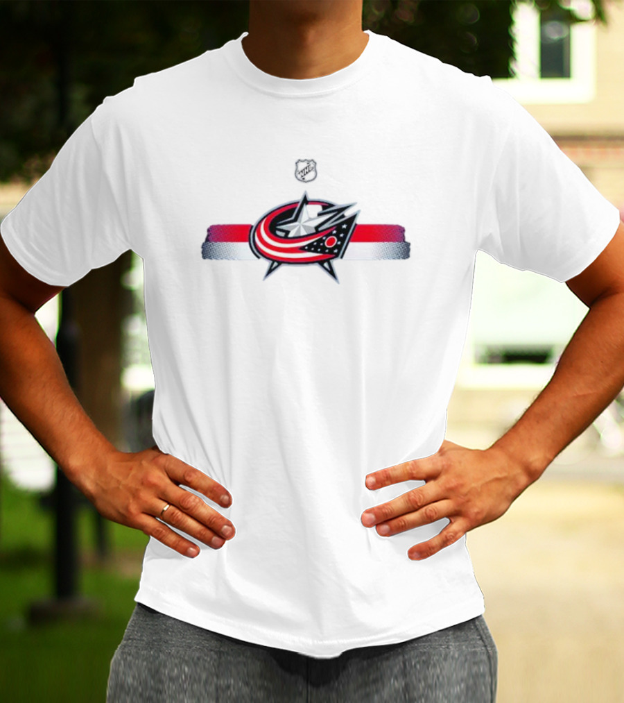 NHL Columbus Blue Jackets Emblem With Red White Blue Stripes T-Shirt