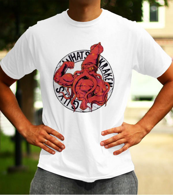 What’s Kraken Guys Sea Muscular Squid Circle T-Shirt