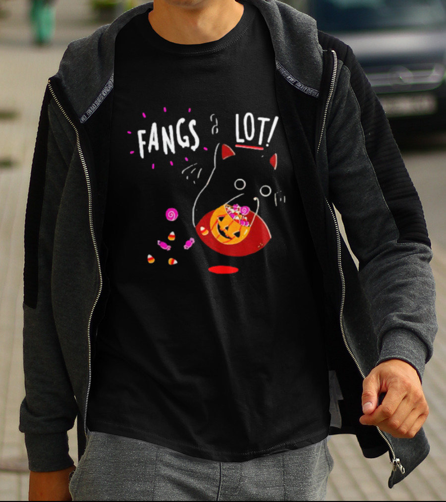 Ghost Cat Fangs A Lot Trick Or Treat Halloween Candy T-Shirt