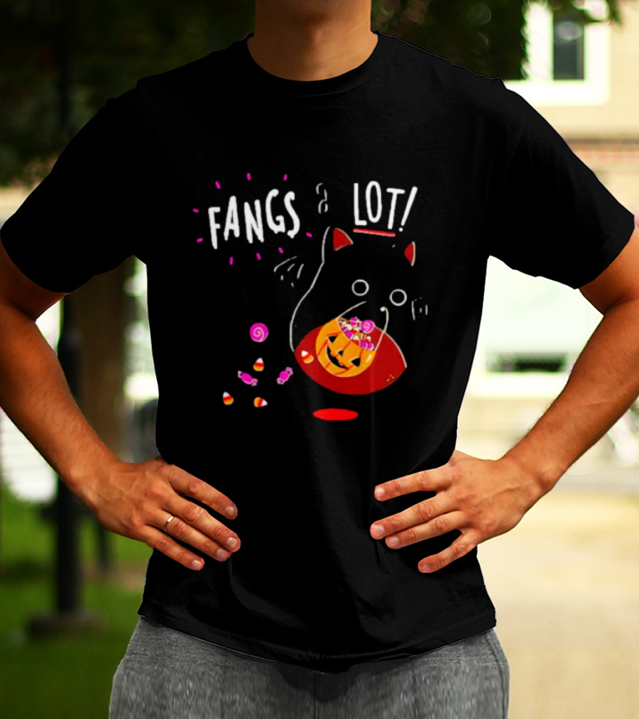 Ghost Cat Fangs A Lot Trick Or Treat Halloween Candy T-Shirt
