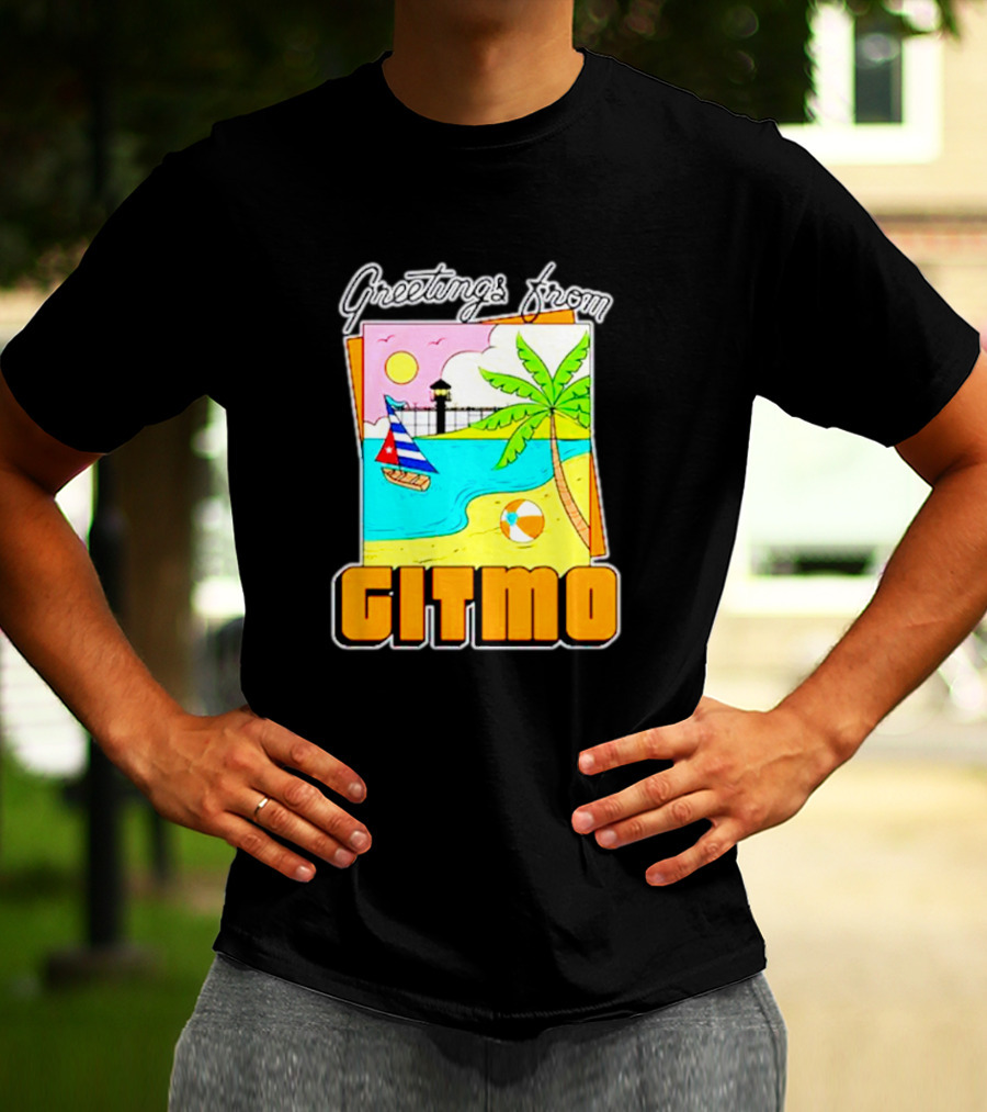 Greetings From Gitmo Beach Paradise With Sailboat And Palm Tree T-Shirt