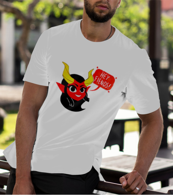 Ginnydi Hey Fiends Demon Cartoon Character With Red Face Yellow Horns And Black Hair T-Shirt