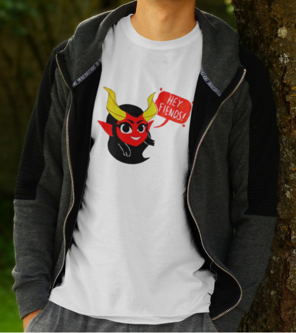 Ginnydi Hey Fiends Demon Cartoon Character With Red Face Yellow Horns And Black Hair T-Shirt