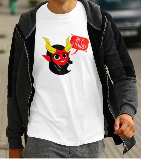 Ginnydi Hey Fiends Demon Cartoon Character With Red Face Yellow Horns And Black Hair T-Shirt