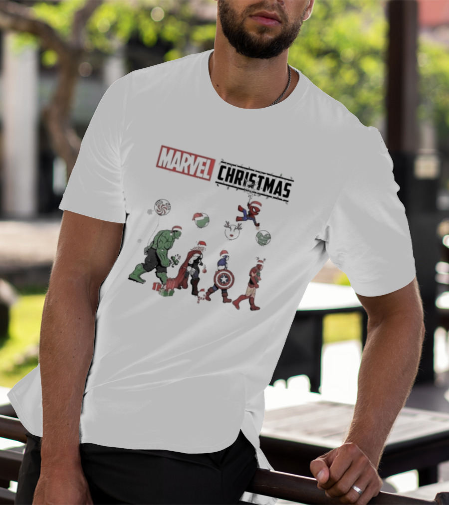 Marvel Christmas Superhero Characters In Santa Hats T-Shirt